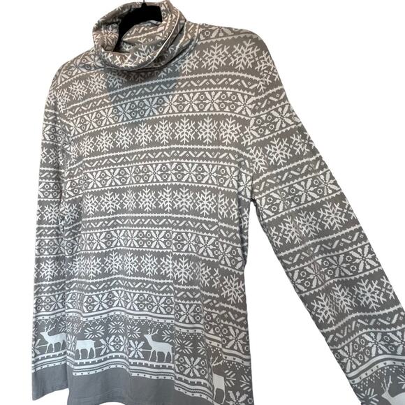 Talbots Turtleneck The Talbots Tee Gray White Snowflake Nordic Print Top Large - Picture 4 of 8